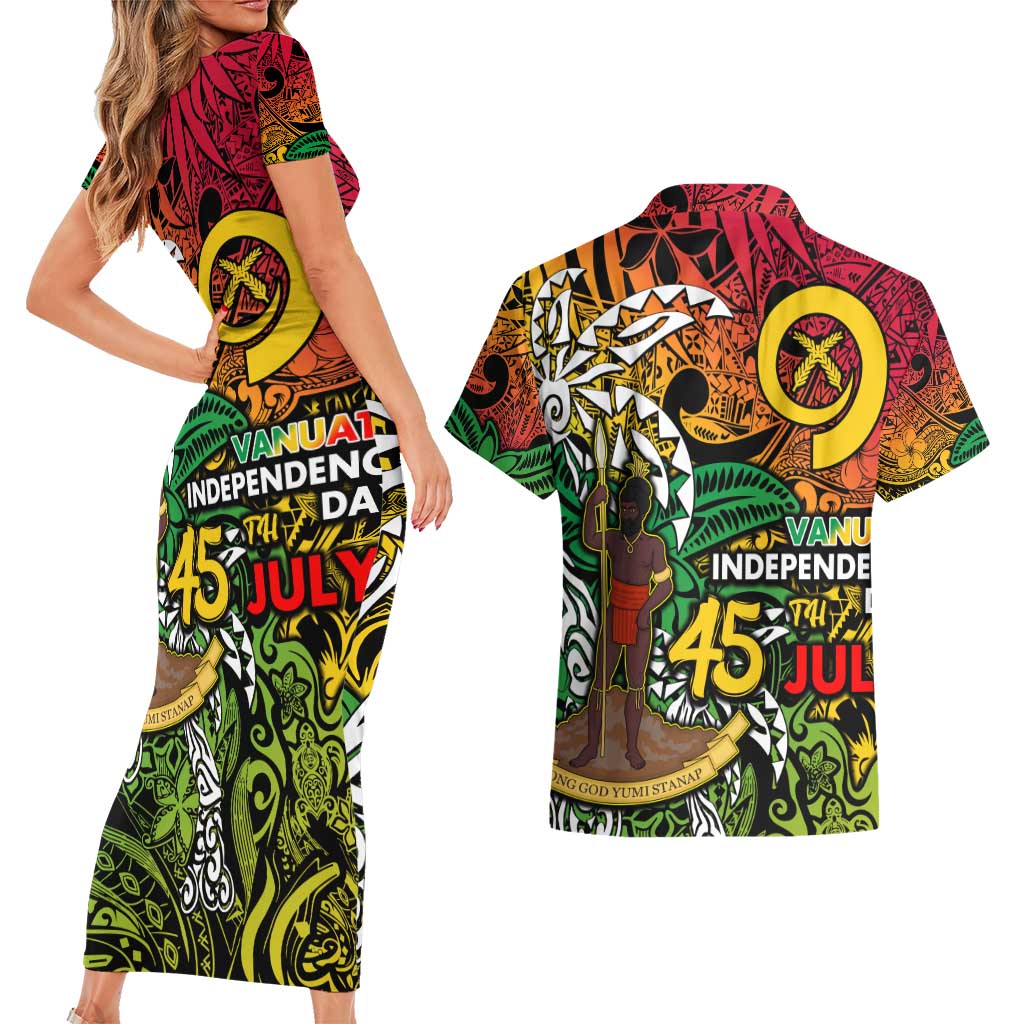 Personalized Vanuatu 45th Independence Anniversary Couples Matching Short Sleeve Bodycon Dress and Hawaiian Shirt Melanesian Pattern Reggae DT02 - Polynesian Pride