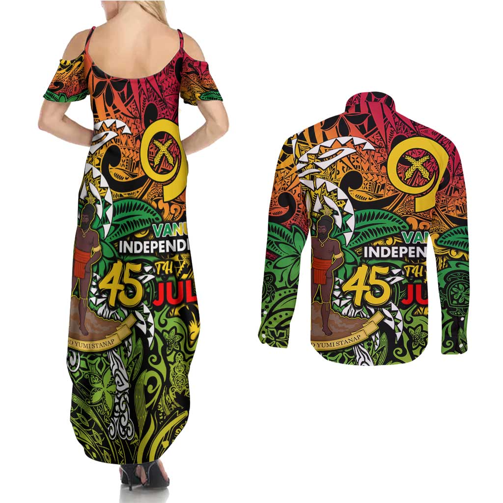Personalized Vanuatu 45th Independence Anniversary Couples Matching Summer Maxi Dress and Long Sleeve Button Shirt Melanesian Pattern Reggae DT02 - Polynesian Pride