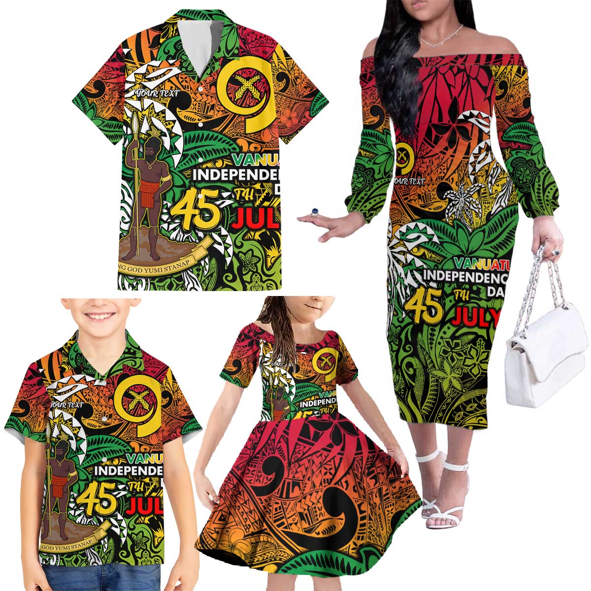 Personalized Vanuatu 45th Independence Anniversary Family Matching Off The Shoulder Long Sleeve Dress and Hawaiian Shirt Melanesian Pattern Reggae DT02 - Polynesian Pride