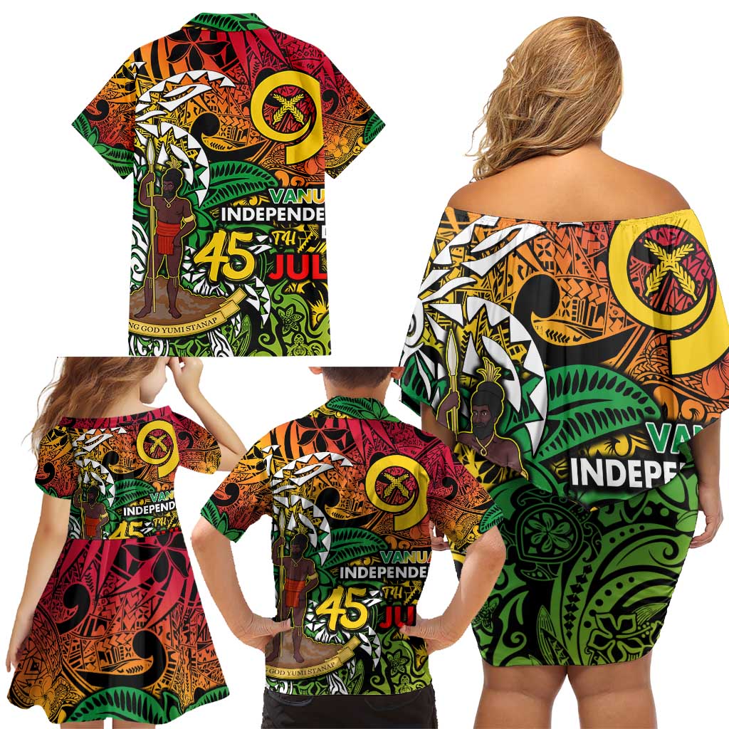 Personalized Vanuatu 45th Independence Anniversary Family Matching Off Shoulder Short Dress and Hawaiian Shirt Melanesian Pattern Reggae DT02 - Polynesian Pride