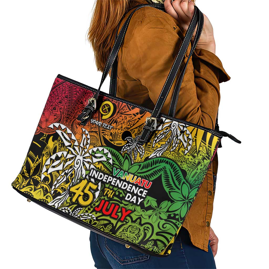 Personalized Vanuatu 45th Independence Anniversary Leather Tote Bag Melanesian Pattern Reggae - Polynesian Pride