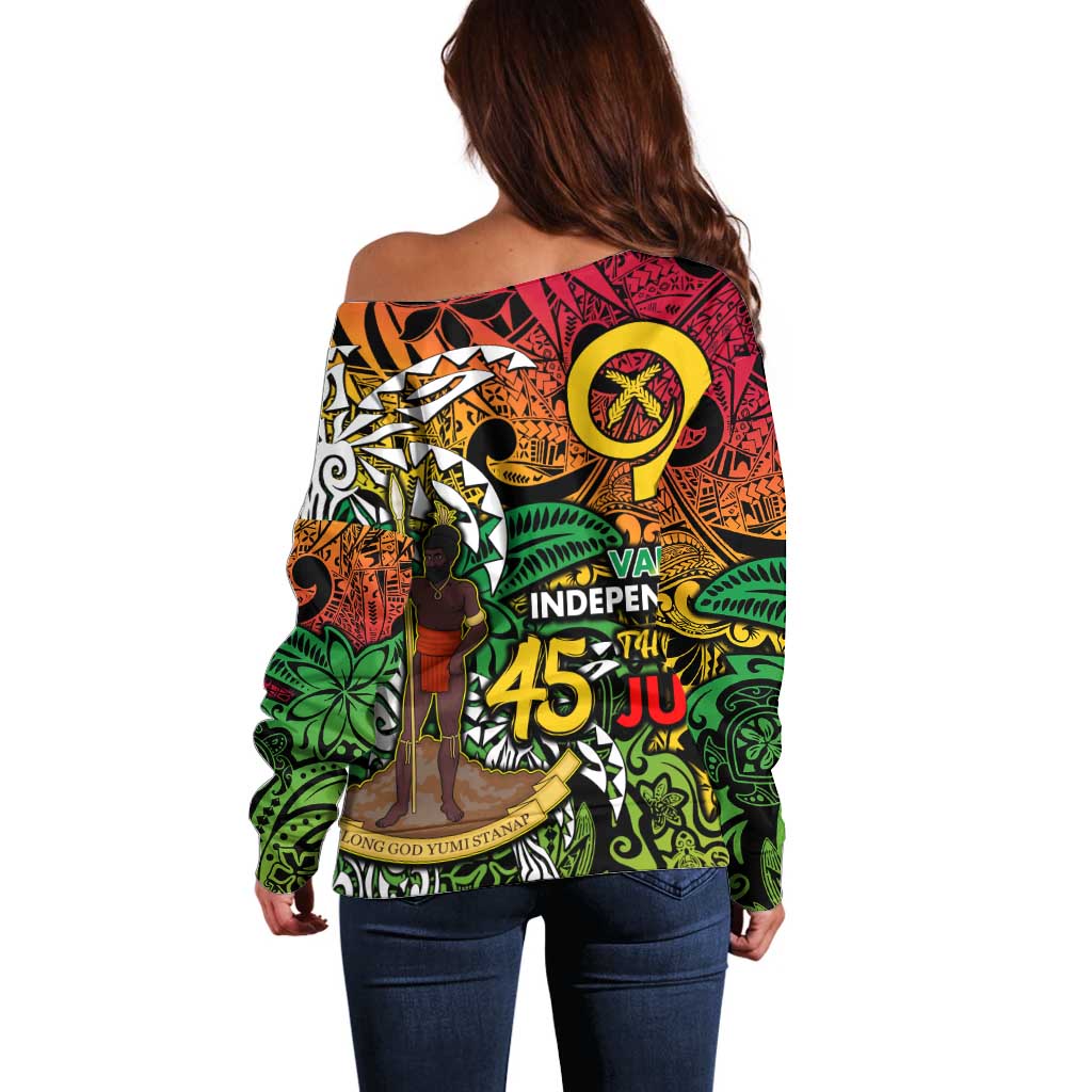 Personalized Vanuatu 45th Independence Anniversary Off Shoulder Sweater Melanesian Pattern Reggae - Polynesian Pride