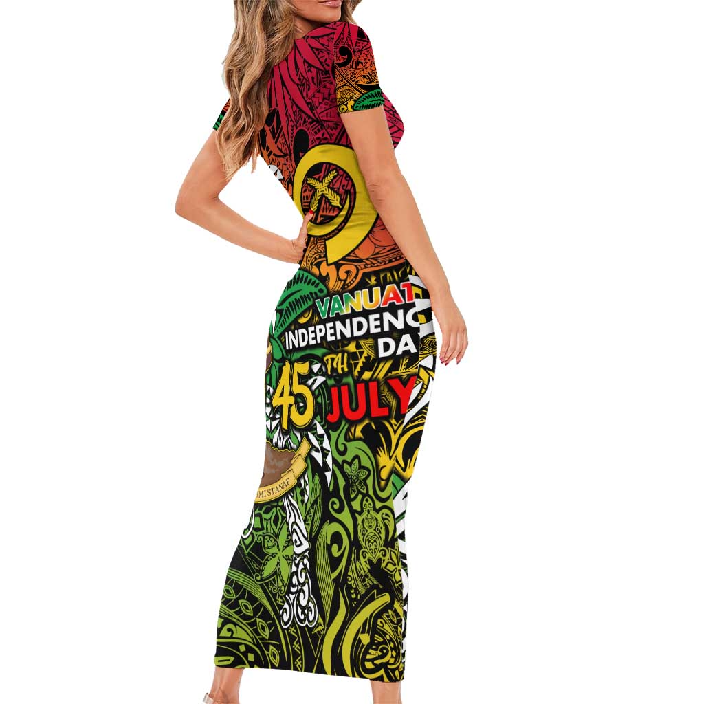 Personalized Vanuatu 45th Independence Anniversary Short Sleeve Bodycon Dress Melanesian Pattern Reggae - Polynesian Pride