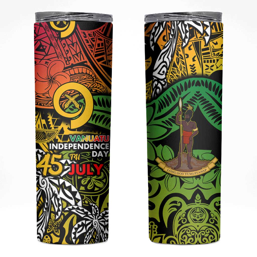 Vanuatu 45th Independence Anniversary Skinny Tumbler Melanesian Pattern Reggae - Polynesian Pride