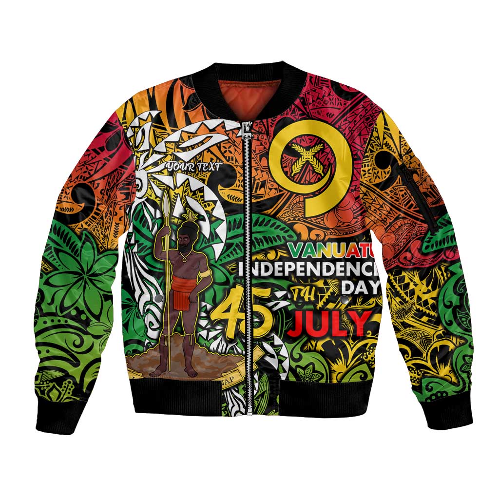 Personalized Vanuatu 45th Independence Anniversary Sleeve Zip Bomber Jacket Melanesian Pattern Reggae - Polynesian Pride