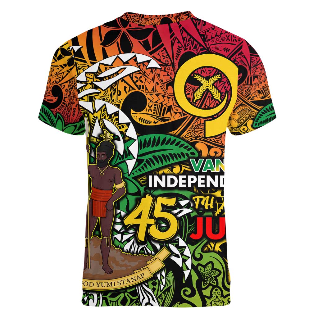 Personalized Vanuatu 45th Independence Anniversary Women V-Neck T-Shirt Melanesian Pattern Reggae - Polynesian Pride
