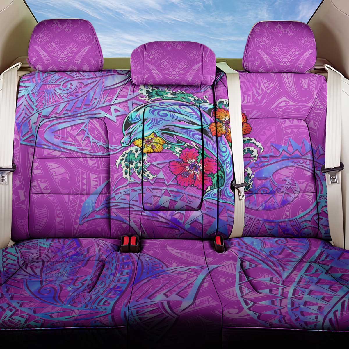 Dolphin Polynesia Back Car Seat Cover Hibiscus Tropical Wave - Purple Vibes