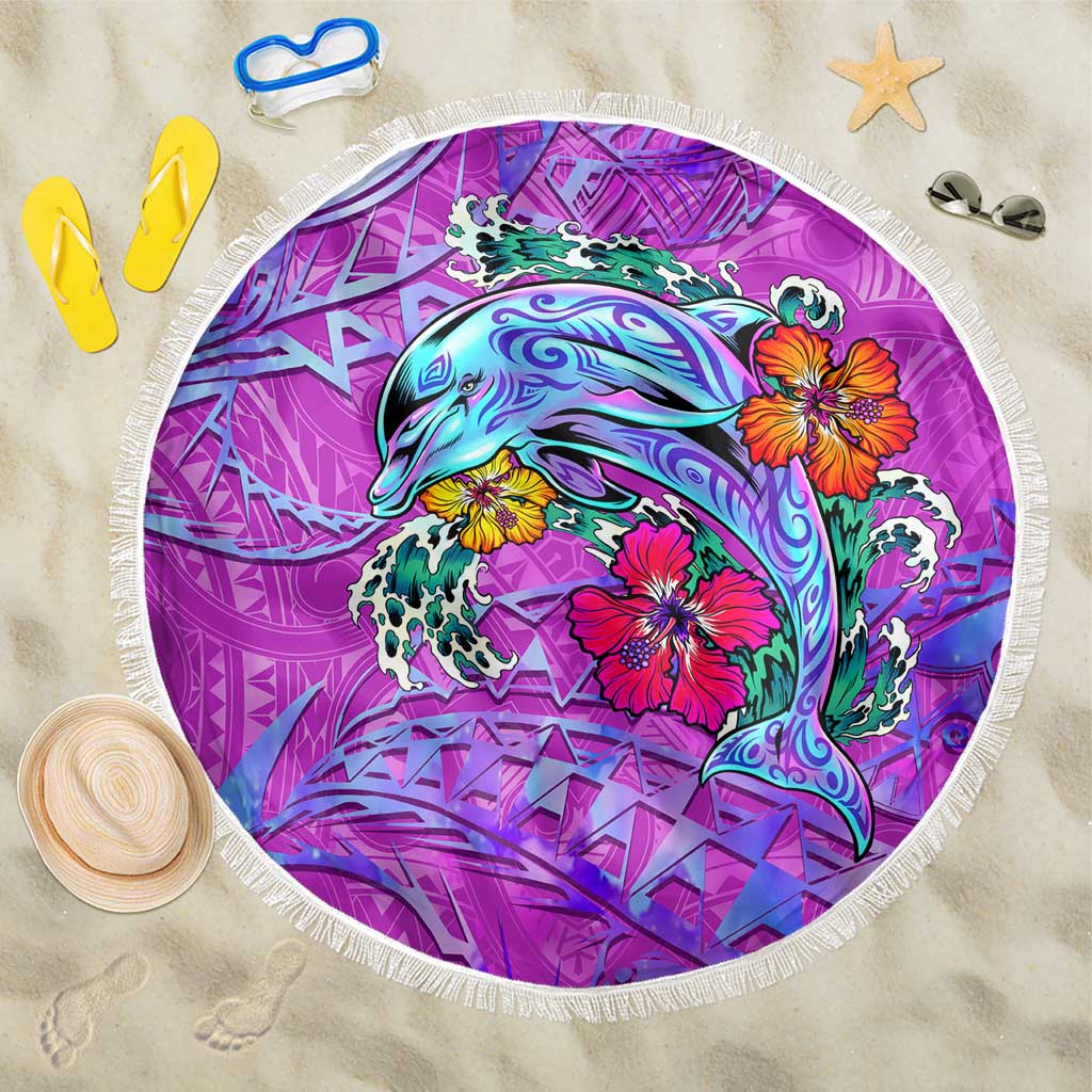 Dolphin Polynesia Beach Blanket Hibiscus Tropical Wave - Purple Vibes