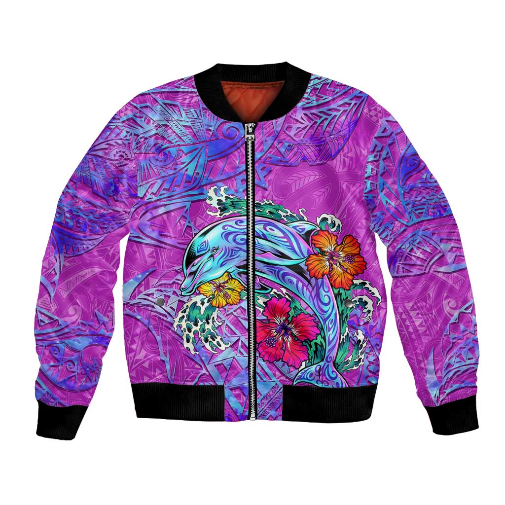 Personalized Dolphin Polynesia Bomber Jacket Hibiscus Tropical Wave - Purple Vibes