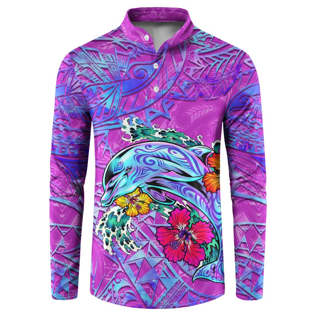 Personalized Dolphin Polynesia Button Sweatshirt Hibiscus Tropical Wave - Purple Vibes