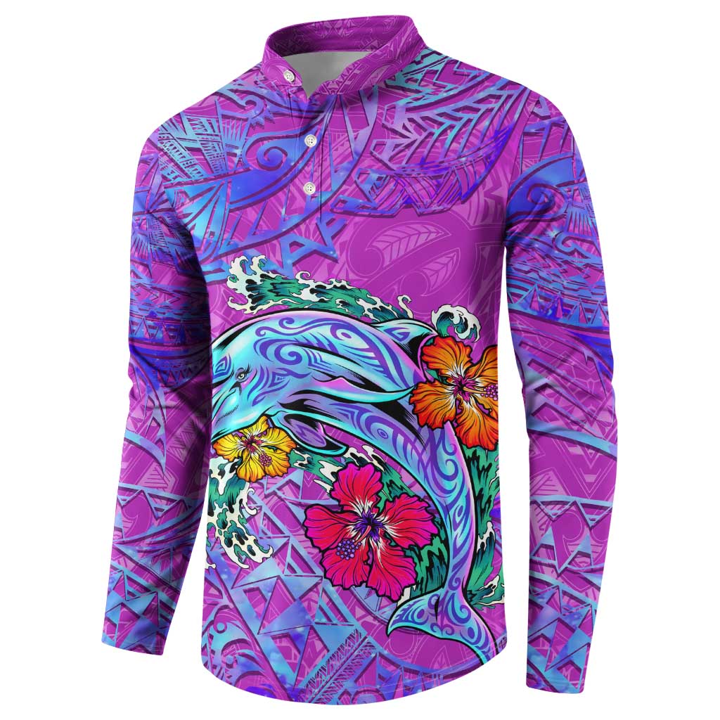 Personalized Dolphin Polynesia Button Sweatshirt Hibiscus Tropical Wave - Purple Vibes