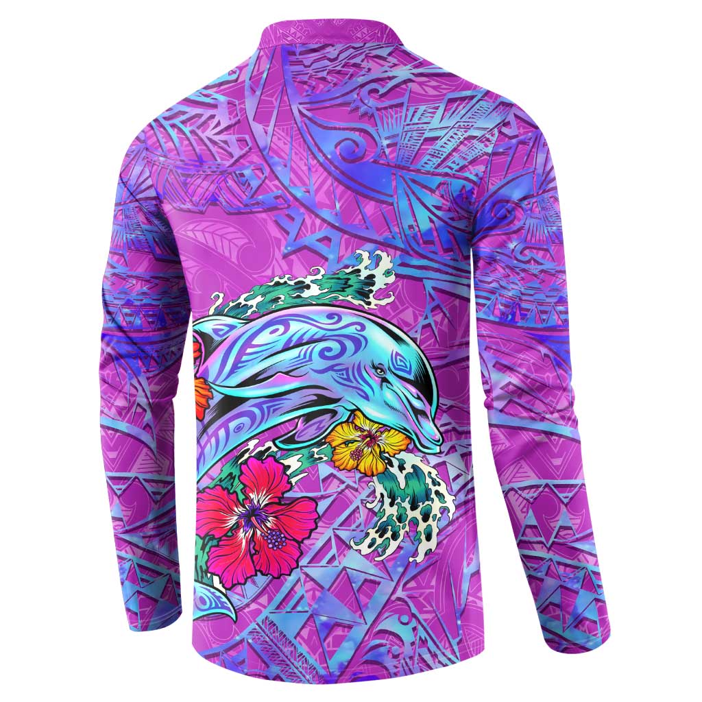 Personalized Dolphin Polynesia Button Sweatshirt Hibiscus Tropical Wave - Purple Vibes