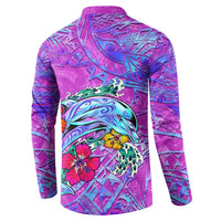 Personalized Dolphin Polynesia Button Sweatshirt Hibiscus Tropical Wave - Purple Vibes