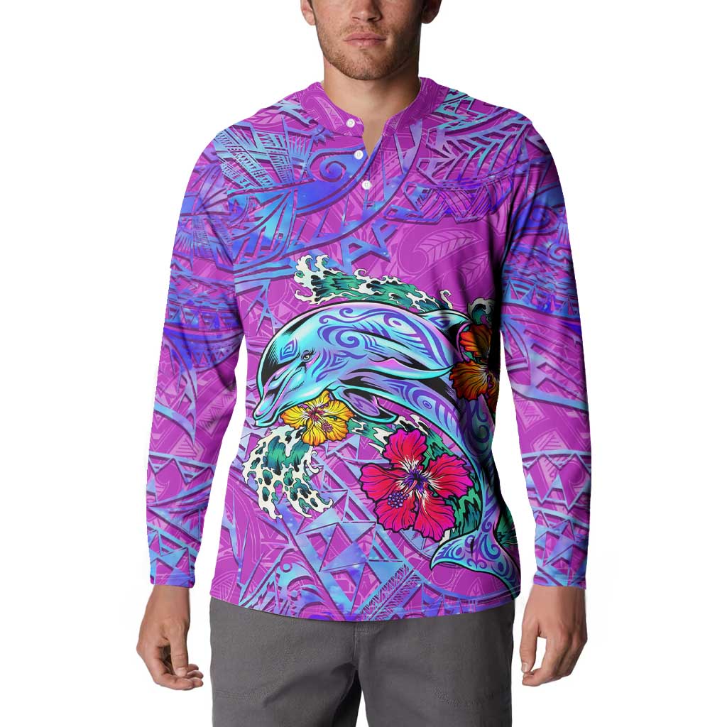 Personalized Dolphin Polynesia Button Sweatshirt Hibiscus Tropical Wave - Purple Vibes
