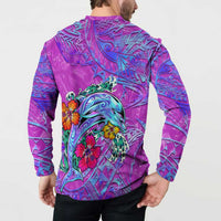 Personalized Dolphin Polynesia Button Sweatshirt Hibiscus Tropical Wave - Purple Vibes