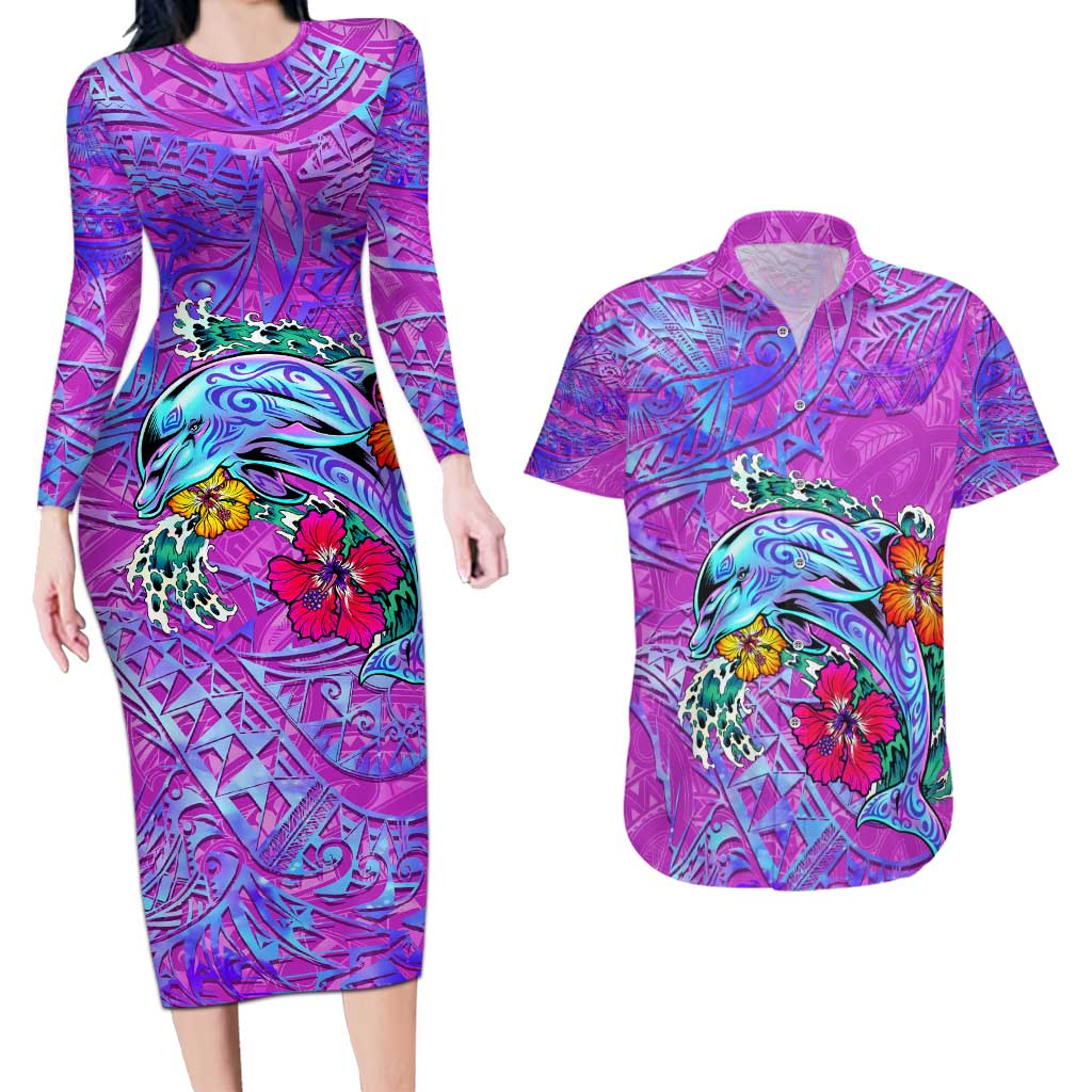 Personalized Dolphin Polynesia Couples Matching Long Sleeve Bodycon Dress and Hawaiian Shirt Hibiscus Tropical Wave - Purple Vibes