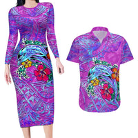 Dolphin Polynesia Couples Matching Long Sleeve Bodycon Dress and Hawaiian Shirt Hibiscus Tropical Wave - Purple Vibes DT02 Purple - Polynesian Pride