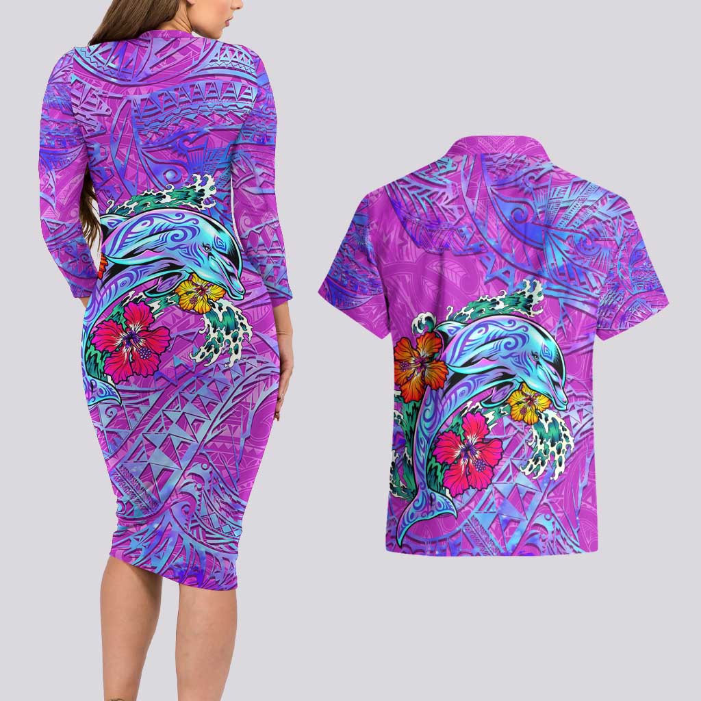 Dolphin Polynesia Couples Matching Long Sleeve Bodycon Dress and Hawaiian Shirt Hibiscus Tropical Wave - Purple Vibes DT02 - Polynesian Pride