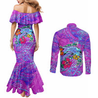 Dolphin Polynesia Couples Matching Mermaid Dress and Long Sleeve Button Shirt Hibiscus Tropical Wave - Purple Vibes DT02 - Polynesian Pride