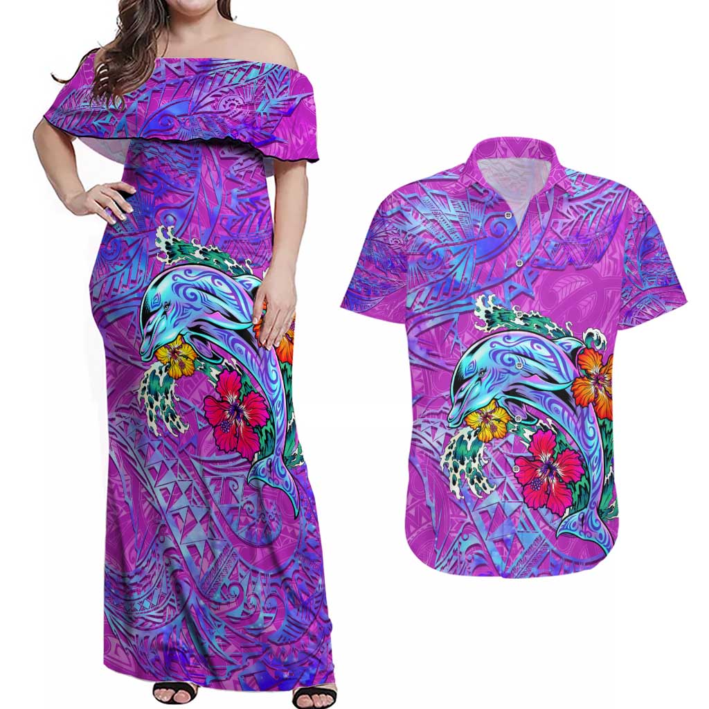 Personalized Dolphin Polynesia Couples Matching Off Shoulder Maxi Dress and Hawaiian Shirt Hibiscus Tropical Wave - Purple Vibes