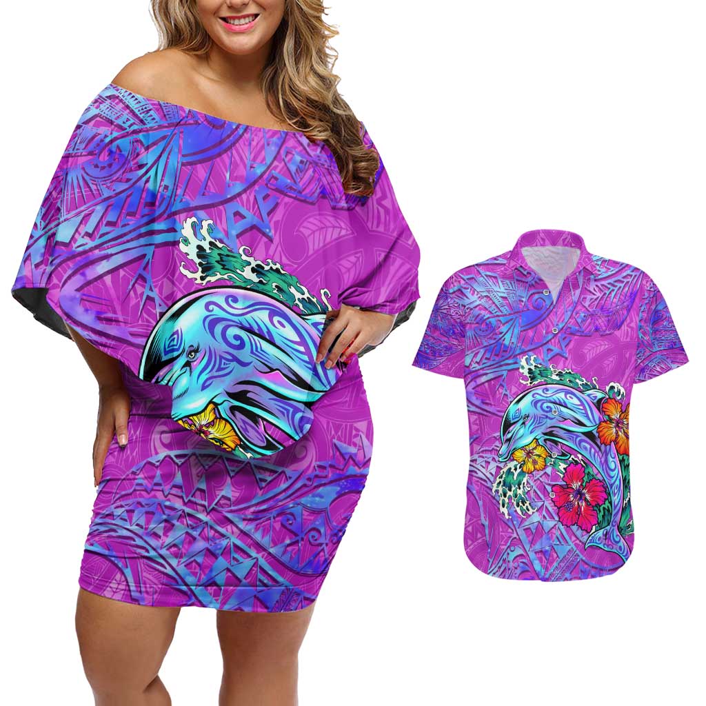 Dolphin Polynesia Couples Matching Off Shoulder Short Dress and Hawaiian Shirt Hibiscus Tropical Wave - Purple Vibes DT02 Purple - Polynesian Pride