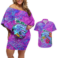 Dolphin Polynesia Couples Matching Off Shoulder Short Dress and Hawaiian Shirt Hibiscus Tropical Wave - Purple Vibes DT02 Purple - Polynesian Pride