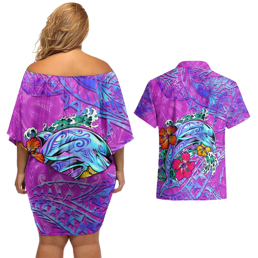 Dolphin Polynesia Couples Matching Off Shoulder Short Dress and Hawaiian Shirt Hibiscus Tropical Wave - Purple Vibes DT02 - Polynesian Pride