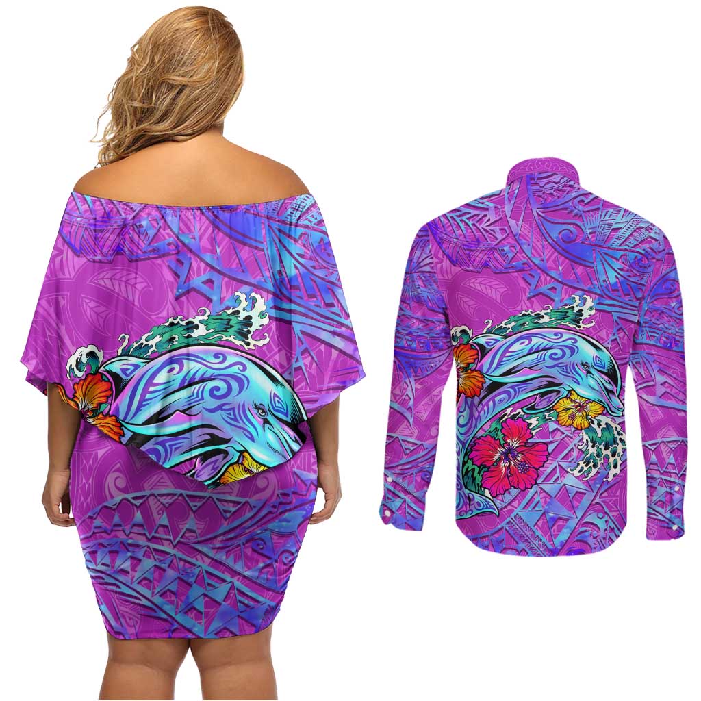 Dolphin Polynesia Couples Matching Off Shoulder Short Dress and Long Sleeve Button Shirt Hibiscus Tropical Wave - Purple Vibes DT02 - Polynesian Pride