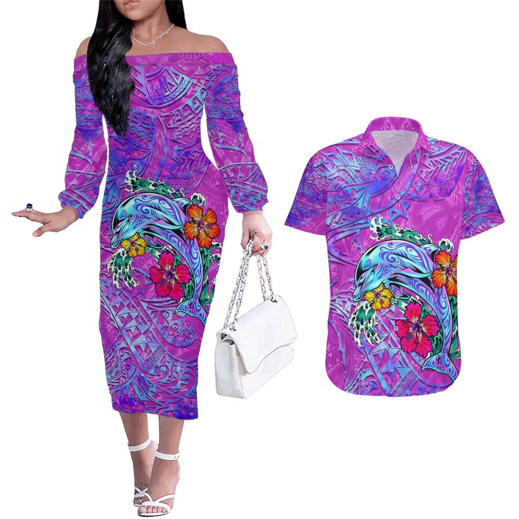 Dolphin Polynesia Couples Matching Off The Shoulder Long Sleeve Dress and Hawaiian Shirt Hibiscus Tropical Wave - Purple Vibes DT02 Purple - Polynesian Pride