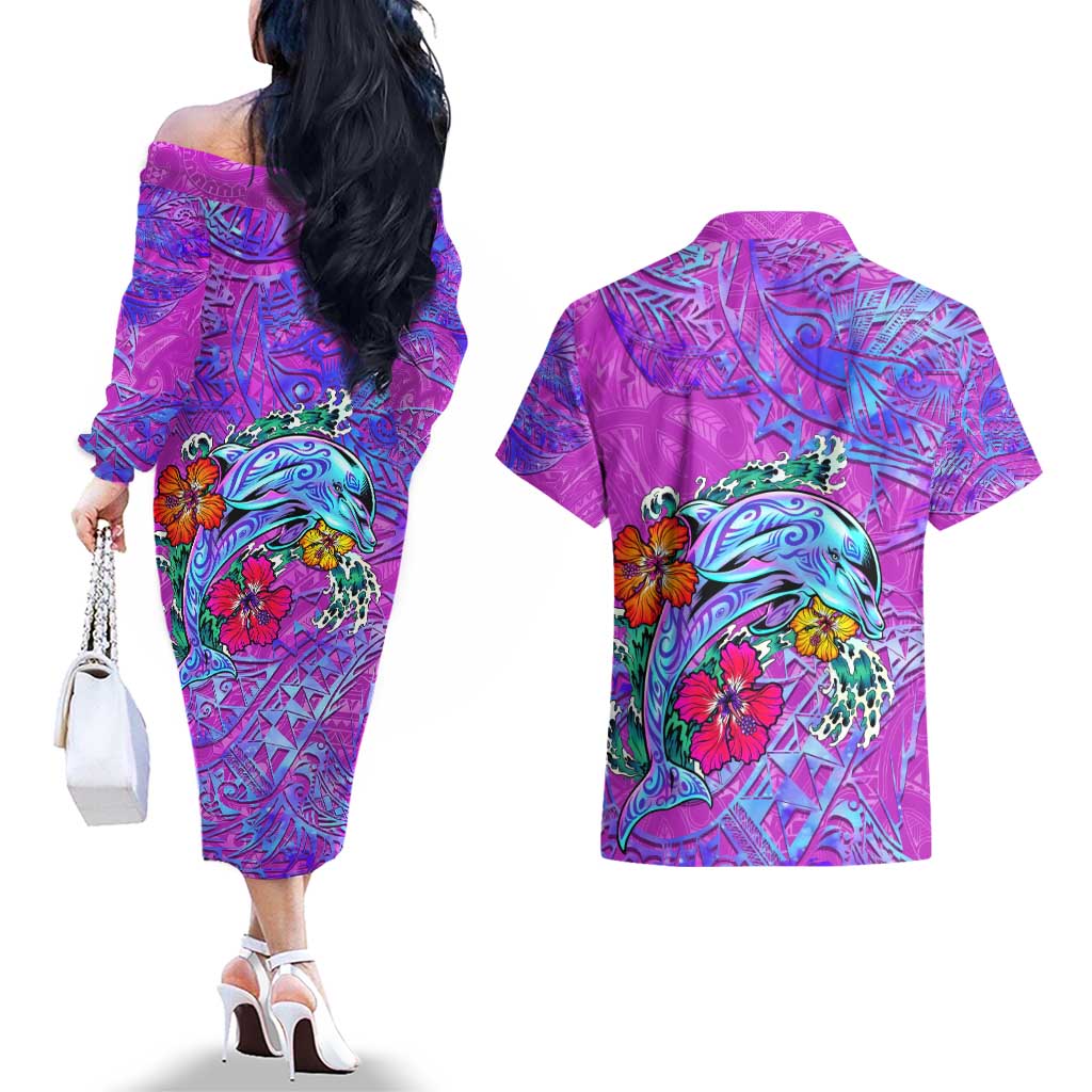 Dolphin Polynesia Couples Matching Off The Shoulder Long Sleeve Dress and Hawaiian Shirt Hibiscus Tropical Wave - Purple Vibes DT02 - Polynesian Pride