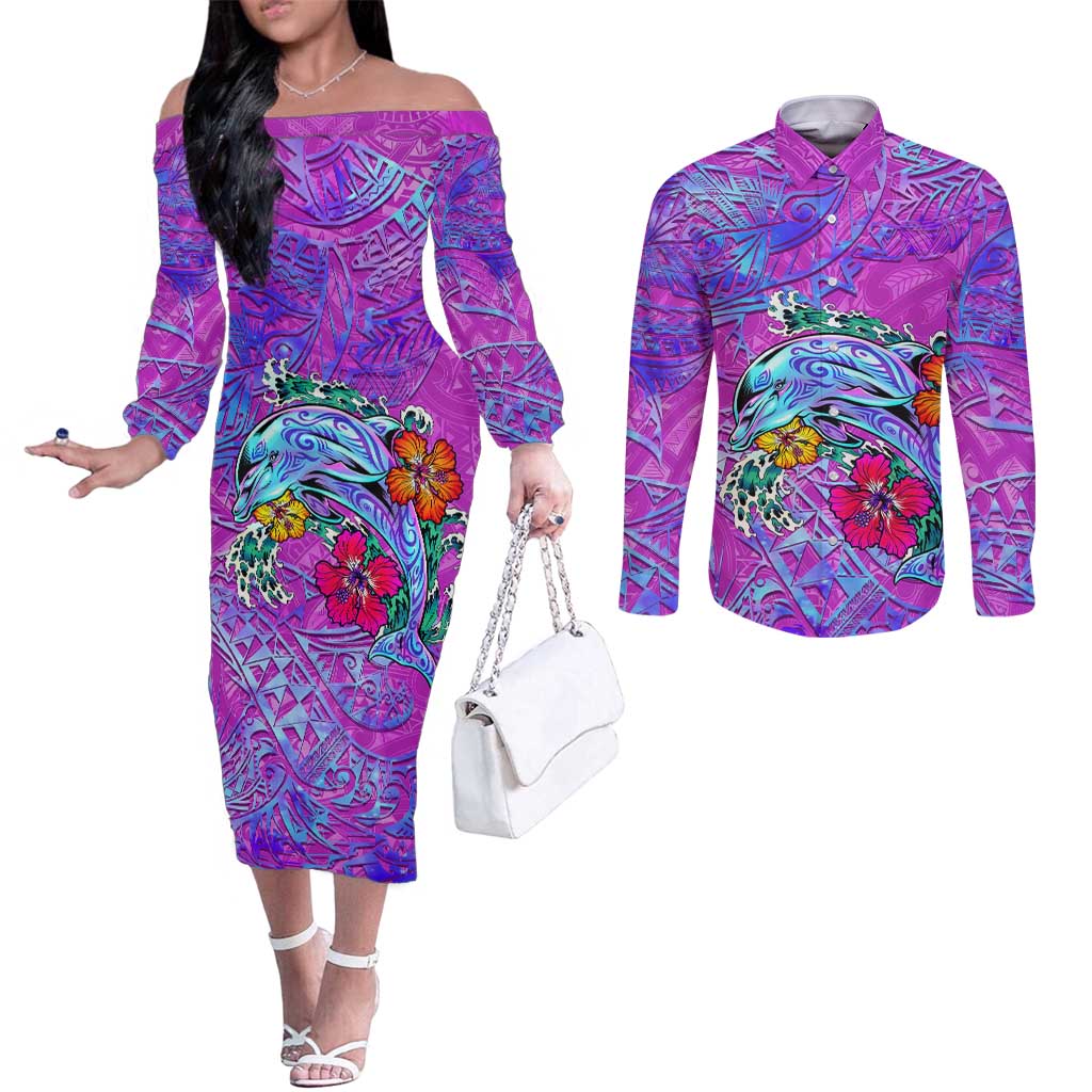 Dolphin Polynesia Couples Matching Off The Shoulder Long Sleeve Dress and Long Sleeve Button Shirt Hibiscus Tropical Wave - Purple Vibes DT02 Purple - Polynesian Pride