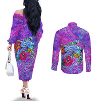 Dolphin Polynesia Couples Matching Off The Shoulder Long Sleeve Dress and Long Sleeve Button Shirt Hibiscus Tropical Wave - Purple Vibes DT02 - Polynesian Pride
