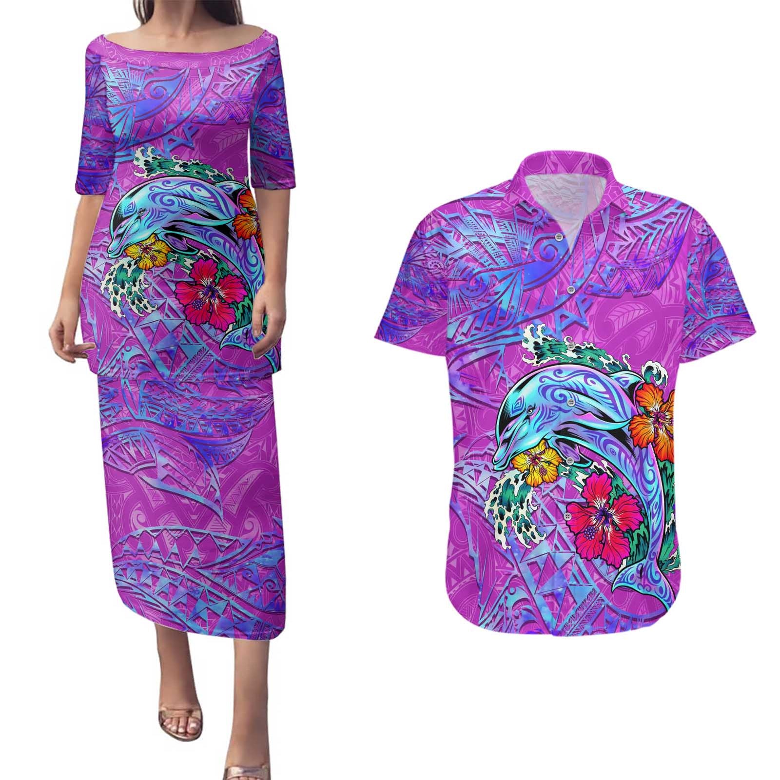 Dolphin Polynesia Couples Matching Puletasi and Hawaiian Shirt Hibiscus Tropical Wave - Purple Vibes DT02 Purple - Polynesian Pride