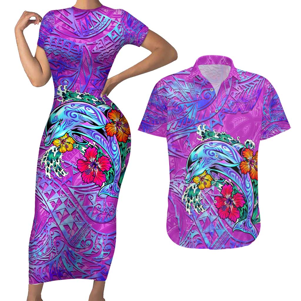 Dolphin Polynesia Couples Matching Short Sleeve Bodycon Dress and Hawaiian Shirt Hibiscus Tropical Wave - Purple Vibes DT02 Purple - Polynesian Pride