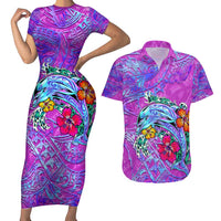 Dolphin Polynesia Couples Matching Short Sleeve Bodycon Dress and Hawaiian Shirt Hibiscus Tropical Wave - Purple Vibes DT02 Purple - Polynesian Pride
