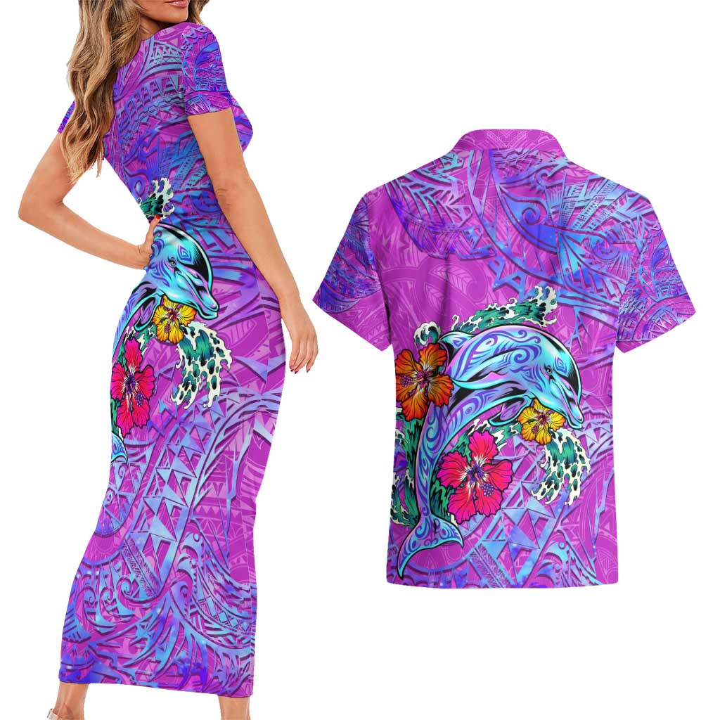 Dolphin Polynesia Couples Matching Short Sleeve Bodycon Dress and Hawaiian Shirt Hibiscus Tropical Wave - Purple Vibes DT02 - Polynesian Pride