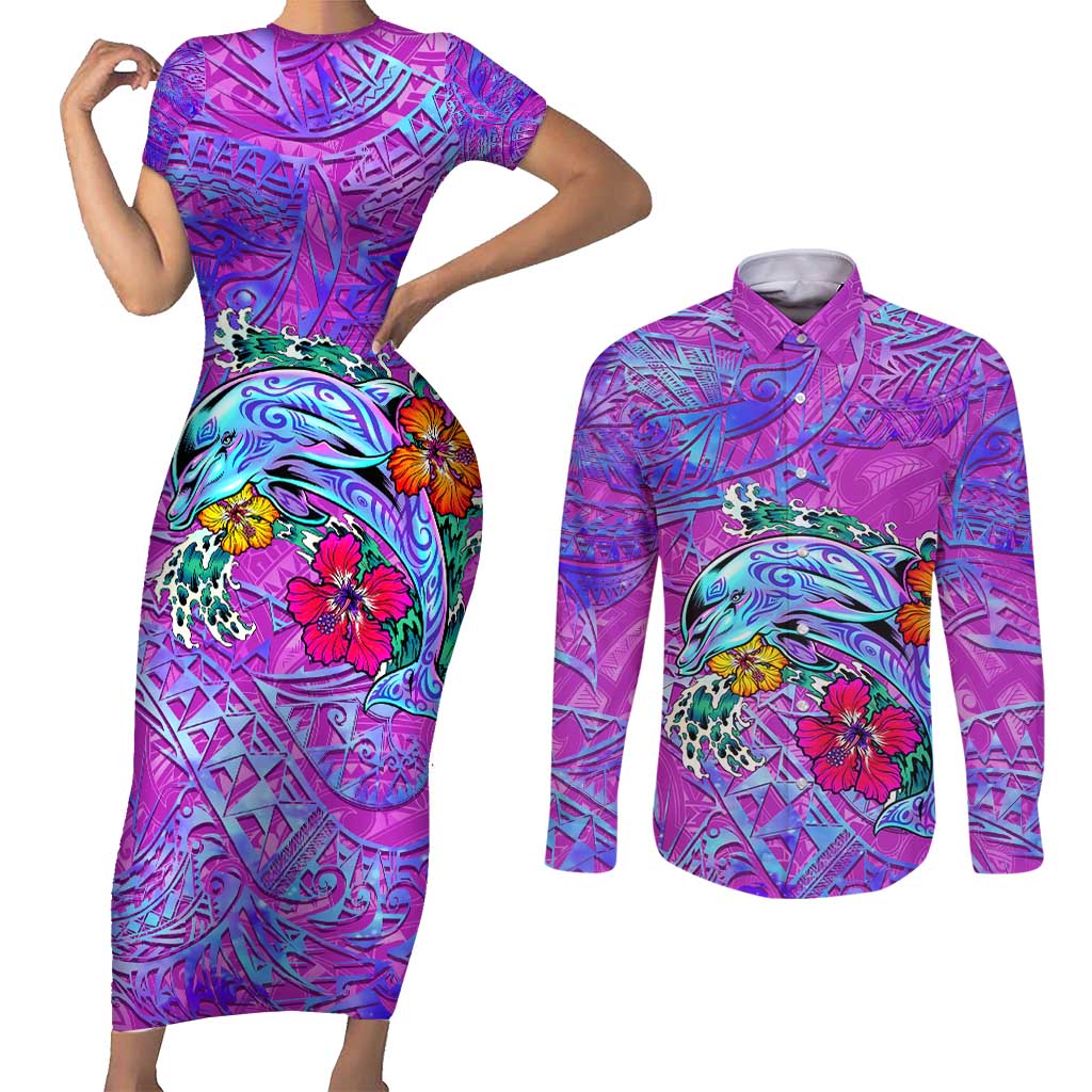 Dolphin Polynesia Couples Matching Short Sleeve Bodycon Dress and Long Sleeve Button Shirt Hibiscus Tropical Wave - Purple Vibes DT02 Purple - Polynesian Pride