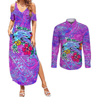Dolphin Polynesia Couples Matching Summer Maxi Dress and Long Sleeve Button Shirt Hibiscus Tropical Wave - Purple Vibes DT02 Purple - Polynesian Pride