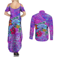 Dolphin Polynesia Couples Matching Summer Maxi Dress and Long Sleeve Button Shirt Hibiscus Tropical Wave - Purple Vibes DT02 - Polynesian Pride