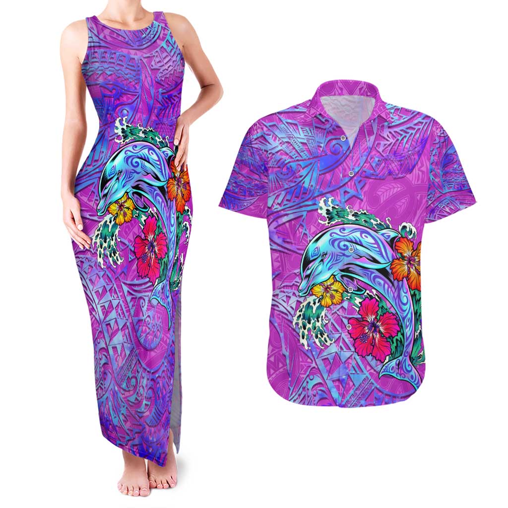 Dolphin Polynesia Couples Matching Tank Maxi Dress and Hawaiian Shirt Hibiscus Tropical Wave - Purple Vibes DT02 Purple - Polynesian Pride