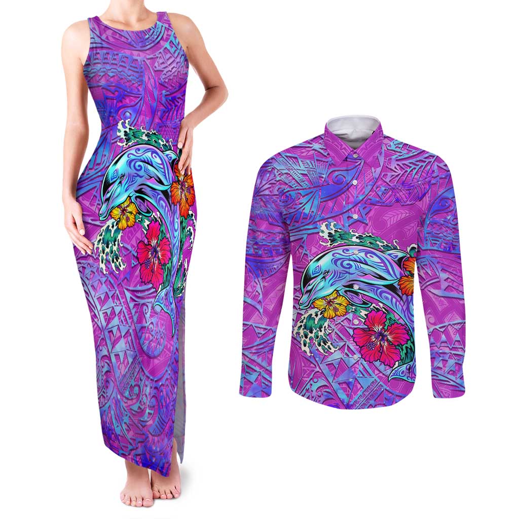 Dolphin Polynesia Couples Matching Tank Maxi Dress and Long Sleeve Button Shirt Hibiscus Tropical Wave - Purple Vibes DT02 Purple - Polynesian Pride