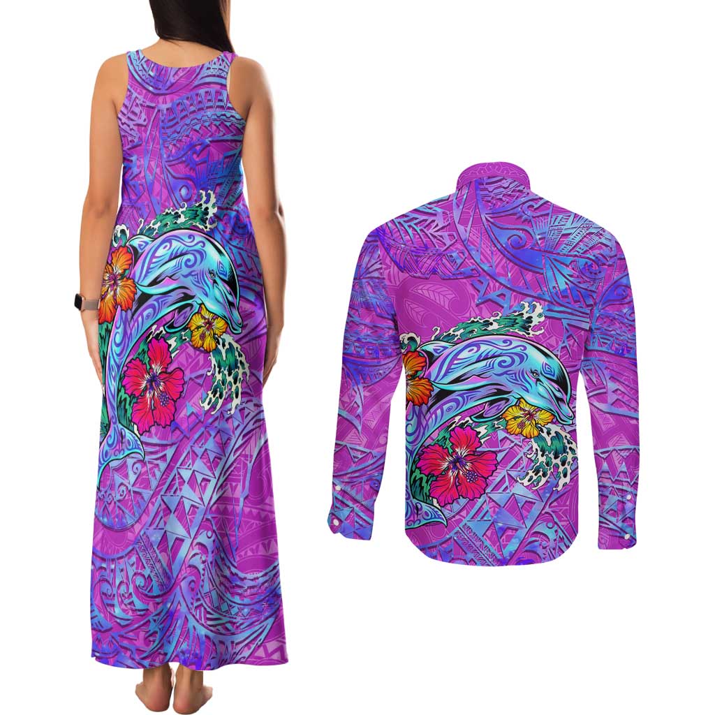 Dolphin Polynesia Couples Matching Tank Maxi Dress and Long Sleeve Button Shirt Hibiscus Tropical Wave - Purple Vibes DT02 - Polynesian Pride
