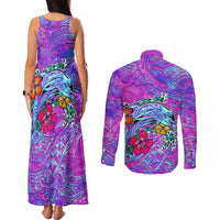 Dolphin Polynesia Couples Matching Tank Maxi Dress and Long Sleeve Button Shirt Hibiscus Tropical Wave - Purple Vibes DT02 - Polynesian Pride