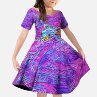 Dolphin Polynesia Family Matching Long Sleeve Bodycon Dress and Hawaiian Shirt Hibiscus Tropical Wave - Purple Vibes DT02 Daughter's Dress Purple - Polynesian Pride