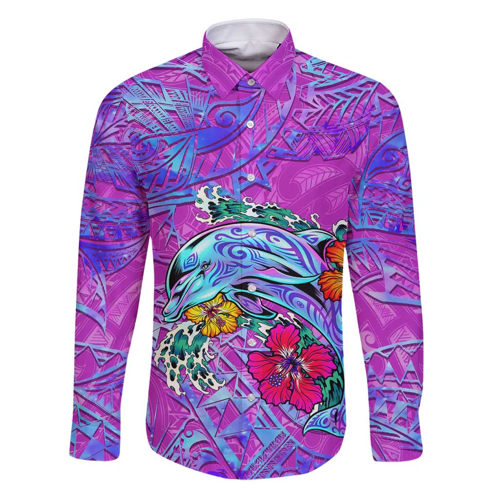 Dolphin Polynesia Family Matching Long Sleeve Bodycon Dress and Hawaiian Shirt Hibiscus Tropical Wave - Purple Vibes DT02 Dad's Shirt - Long Sleeve Purple - Polynesian Pride