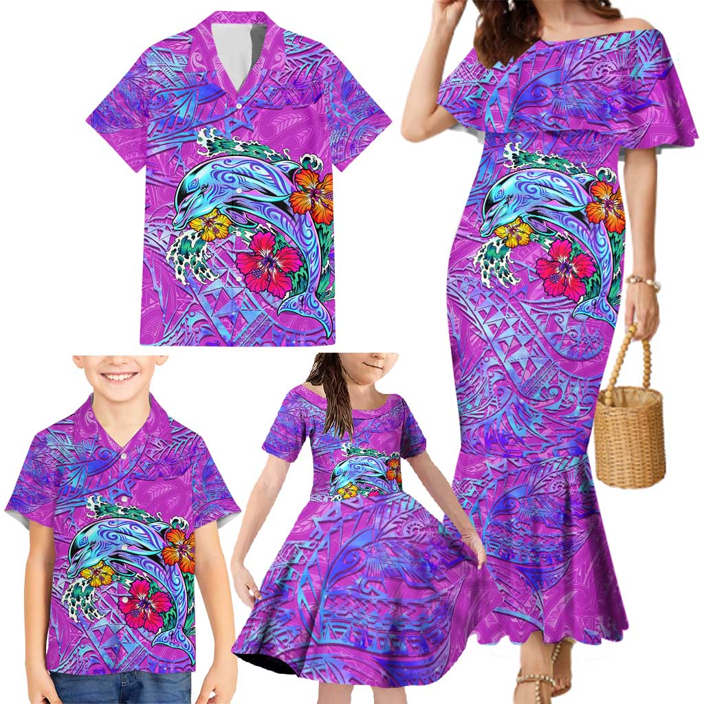 Personalized Dolphin Polynesia Family Matching Mermaid Dress and Hawaiian Shirt Hibiscus Tropical Wave - Purple Vibes