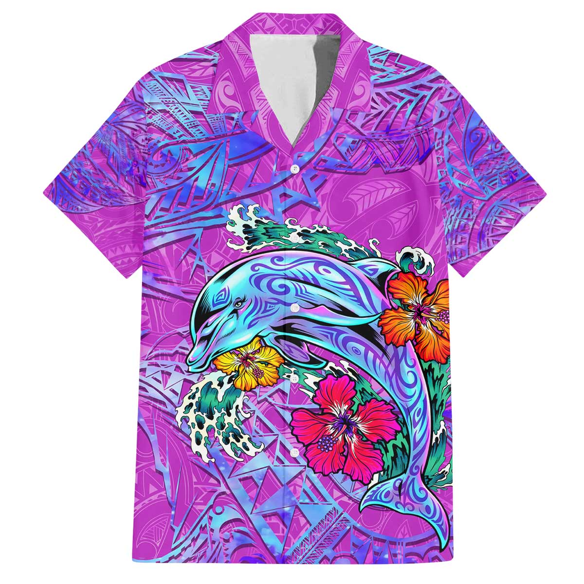 Personalized Dolphin Polynesia Family Matching Off The Shoulder Long Sleeve Dress and Hawaiian Shirt Hibiscus Tropical Wave - Purple Vibes