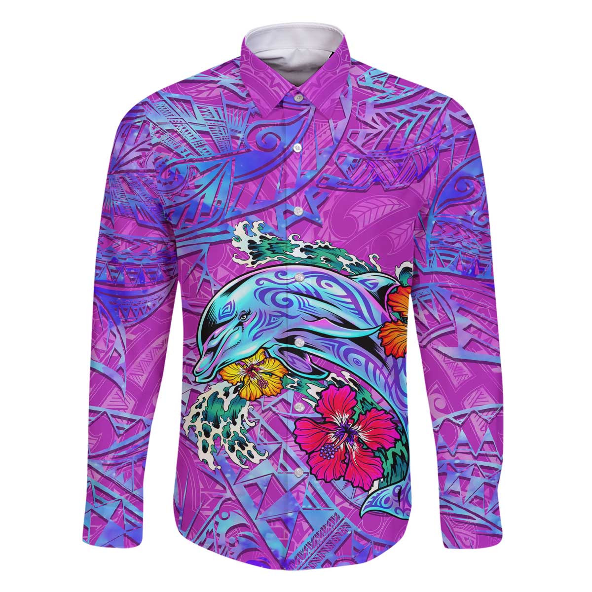 Personalized Dolphin Polynesia Family Matching Off The Shoulder Long Sleeve Dress and Hawaiian Shirt Hibiscus Tropical Wave - Purple Vibes