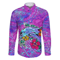 Dolphin Polynesia Family Matching Off Shoulder Maxi Dress and Hawaiian Shirt Hibiscus Tropical Wave - Purple Vibes DT02 Dad's Shirt - Long Sleeve Purple - Polynesian Pride