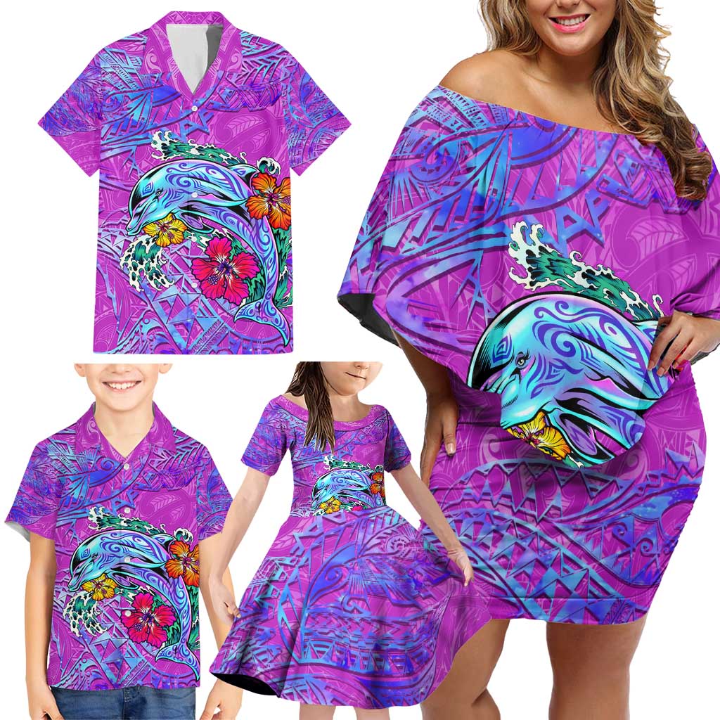 Personalized Dolphin Polynesia Family Matching Off Shoulder Short Dress and Hawaiian Shirt Hibiscus Tropical Wave - Purple Vibes